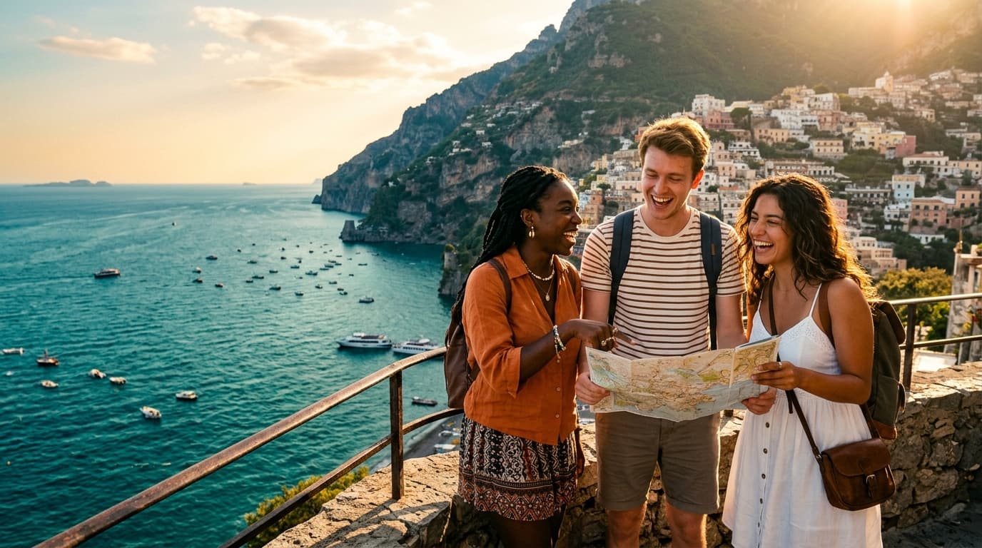 Friends reviewing travel plans overlooking a Mediterranean coastal town